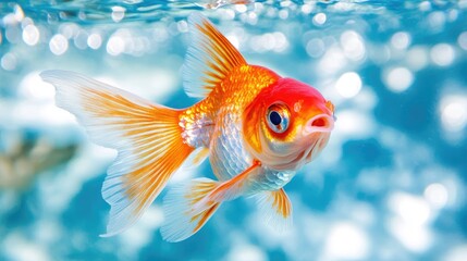 Fototapeta premium A vibrant goldfish swimming gracefully in clear water, showcasing its colorful fins.