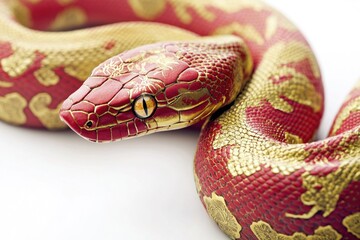 Fototapeta premium A bright red and golden snake coiled on a clean white surface