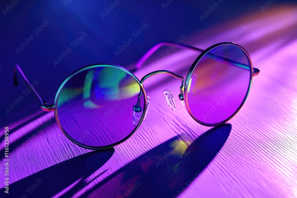 Poster a pair of glasses resting on a table with a clear lens and metal frames