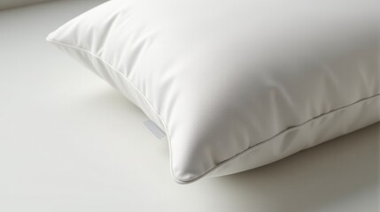 A close-up image of a crisp white pillow corner showcases smooth, soft fabric texture on a light background, highlighting minimalistic bedding design