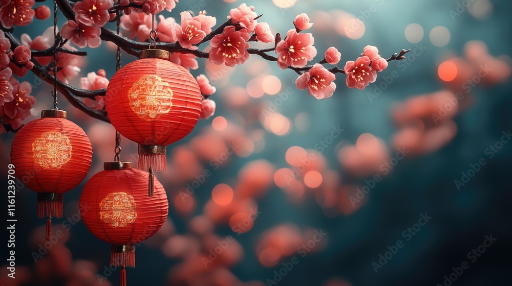 Poster A bunch of red lanterns hang from a tree branch, illuminated in the evening