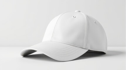 Simple white baseball cap on a clean white background showcases a minimalist design ideal for fashion and branding