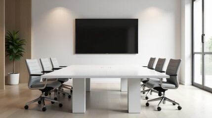 Modern conference room with large screen, bright windows, and sleek chairs around a white table in a professional office setting