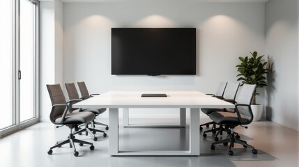 Modern conference room with large screen, bright windows, and sleek chairs around a white table in a professional office setting