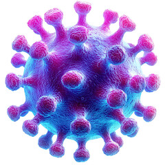 Colorful 3D representation of a virus with vibrant purple and blue textures and protruding spikes
