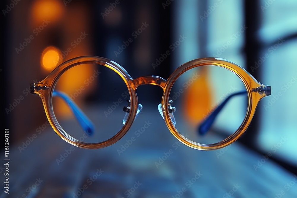 Aufkleber a pair of glasses resting on the surface of a wooden table, ideal for use as a still life compositio