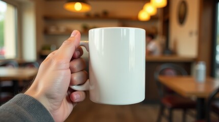 A hand holds a white mug against a blurred coffee shop background with warm lighting and wooden decor