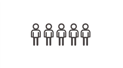 Fototapeta premium A simple icon of stick figures in black vector on a white background, representing five people standing next to each other and facing the same direction. 