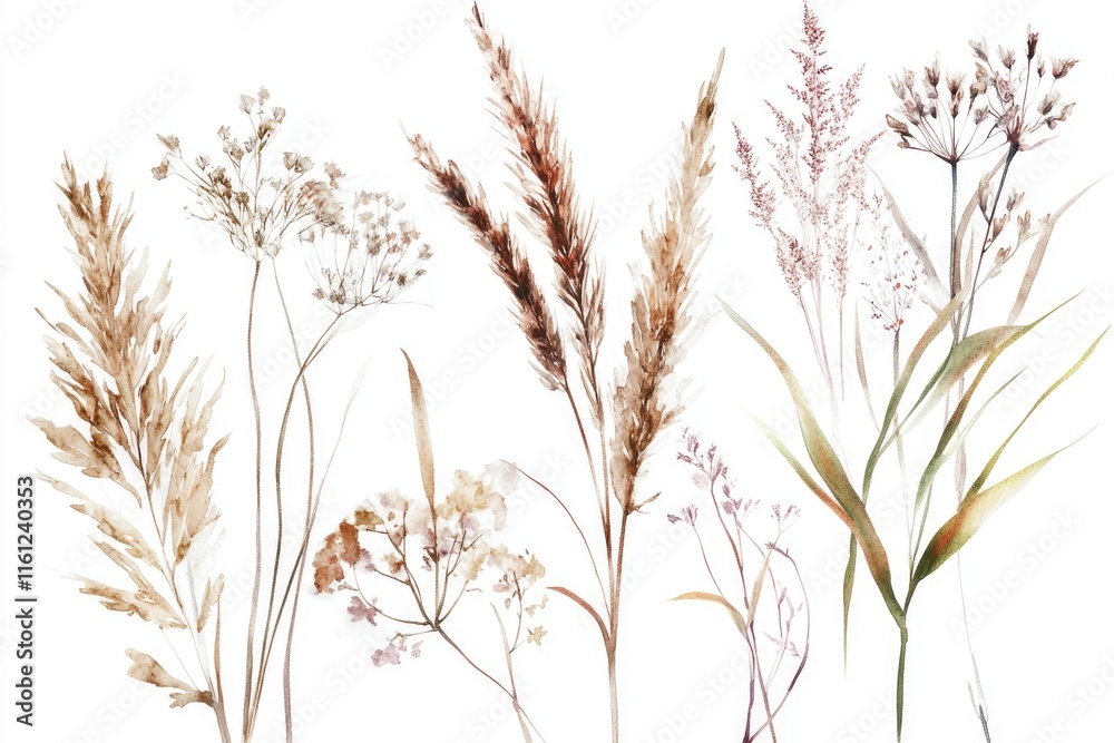 Poster a collection of different grasses on a plain white background