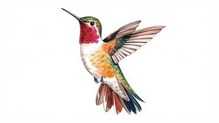 Obraz premium Wildlife Art: Stunning Red-Throated Hummingbird in Mid-Air on White Background ai generated
