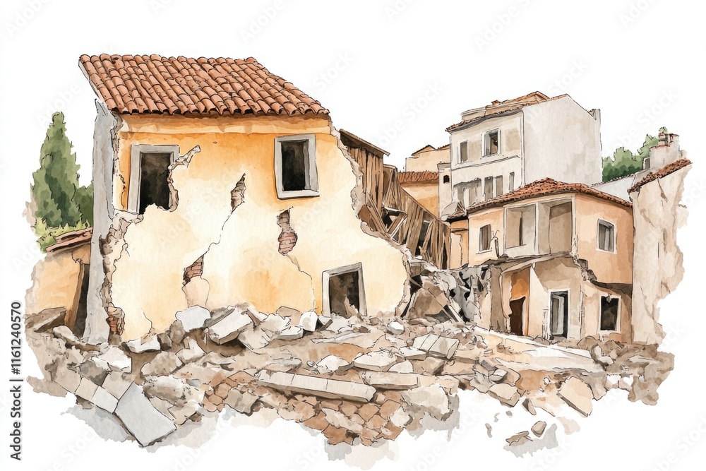 Poster A picture of an old building with crumbling walls and broken windows, suitable for use in historical or post-apocalyptic scenes