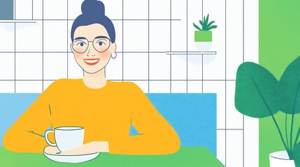 Obraz premium Smiling Woman Enjoying Coffee in a Bright Cafe Illustration. AI Generated