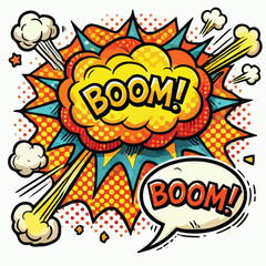 Cartoon comic sign burst cloud. Speech bubble, boom sign expression and   on a white background