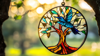 3d tree of life stained glass light catcher with hummingbird design. Suncatcher. Illustration