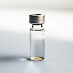 Small medical vial with a golden cap filled with a clear fluid on a white surface