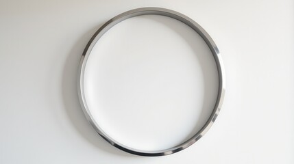 Elegant round wall mirror with a sleek metallic frame, casting shadows on a white background alongside green leaves for a minimalist and modern aesthetic