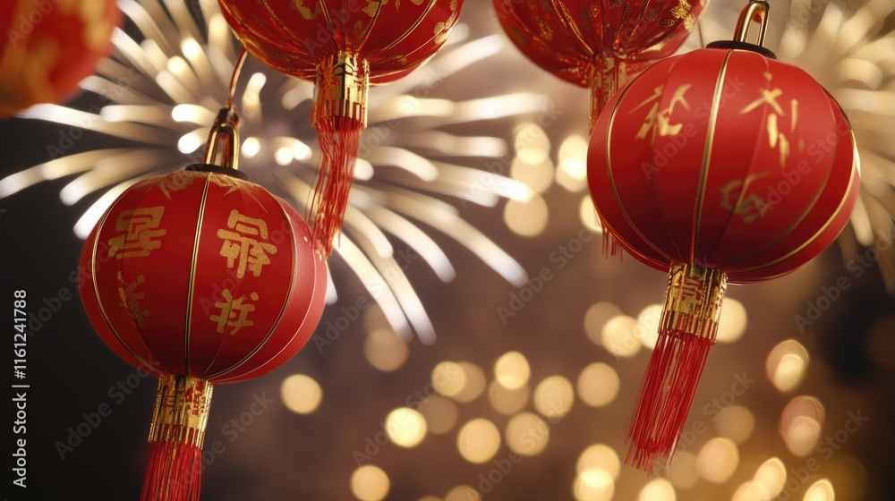 Poster a string with multiple red lanterns suspended from above, ideal for festivals, celebrations, or cult