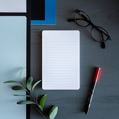Fototapeta premium A photo of a white lined notepad placed on a dark grey wood surface. There is a pair of eyeglasses on the upper right corner of the notepad ai generated