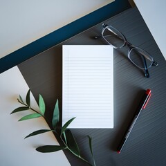 A photo of a white lined notepad placed on a dark grey wood surface. There is a pair of eyeglasses on the upper right corner of the notepad ai generated