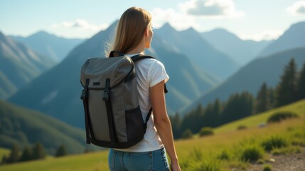 A man with a red backpack overlooks a scenic mountain landscape, blending adventure with serene natural beauty