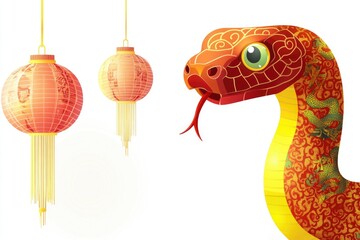 A snake-shaped decoration hangs from the ceiling with lanterns, ideal for parties or events