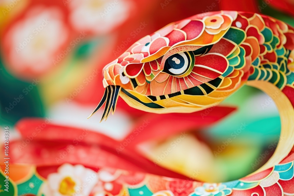 Poster Close-up shot of a paper snake on a table, perfect for illustrating creative projects or adding texture to designs