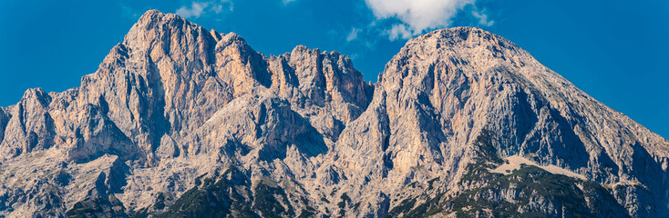 High resolution stitched alpine summer panorama of Mount Hohe Munde seen from Telfs, Innsbruck, Tyrol, Austria © Martin Erdniss