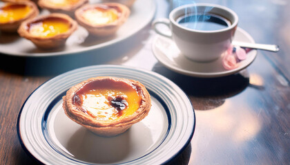 Custard pies or Pasteis de nata, typical pastry from Lisbon, Portugal. Egg tart served on an ornate plate with blue and white patterns and coffee cup, set against a rustic backdrop. Generative Ai