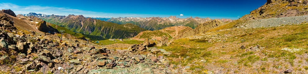 High resolution stitched alpine summer panorama at Mount Flimjoch, Ischgl, Paznaun, Silvretta, Landeck, Tyrol, Austria