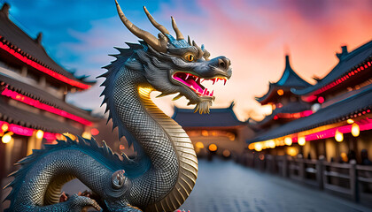 Fototapeta premium A majestic dragon statue stands in front of a traditional Chinese temple at sunset. Generative AI.