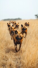A pack of wild dogs running through tall grass in a natural setting.
