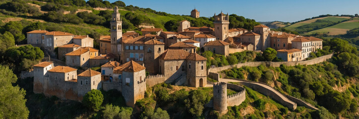 Fototapeta premium Rustic portuguese village on hillside bathed in warm sunlight