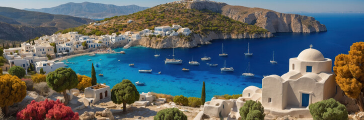 Obraz premium Picturesque Greek island town with bright blue sky
