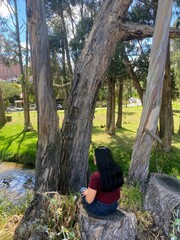 woman sitting in the woods