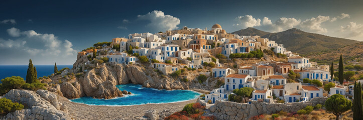 Obraz premium Iconic Greek city village with white buildings and Mediterranean Sea