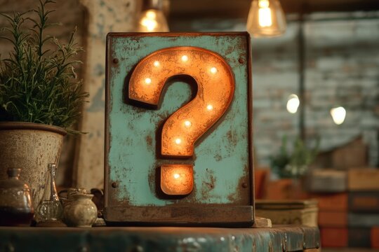 Illuminated vintage question mark sign in rustic setting with warm lighting