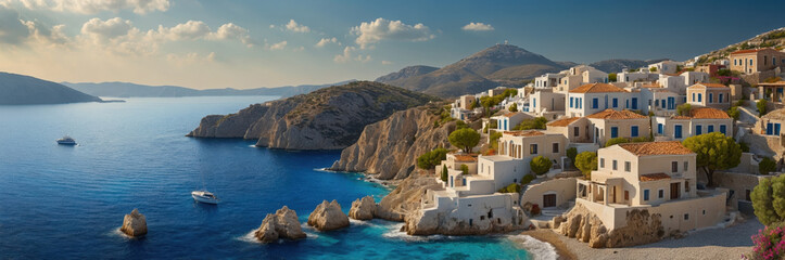 Picturesque Greek island town like Santorini with bright blue sky