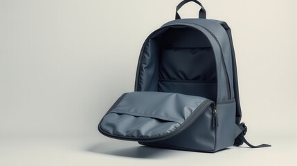 Gray backpack with an open front pocket displayed on a plain surface, highlighting its spacious compartments and minimalist design