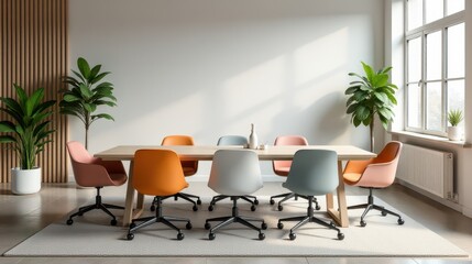 Modern conference room interior with colorful chairs around a wooden table, large windows, and lush green plants creating a bright, inviting workspace