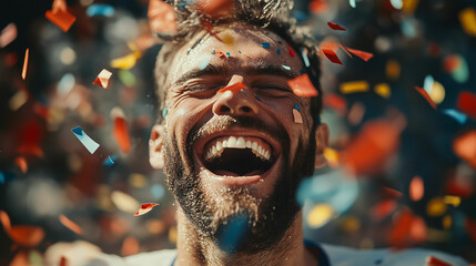 A joyful soccer player celebrates victory amidst colorful confetti after a thrilling match in an exciting tournament