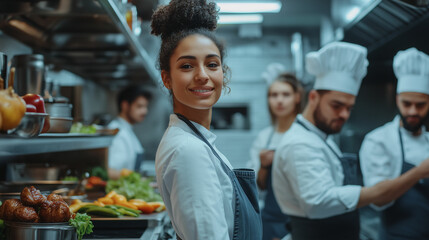 Young chefs collaborating in a bustling kitchen during a culinary event, showcasing diverse skills and teamwork
