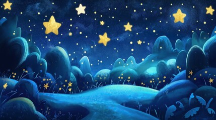 animated, storybook-style illustration of stars, perfect for a children's song background or a fairy tale book.  glow and stars are flying. Twinkling stars in an animated white cartoon style depicted.