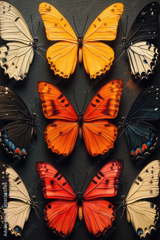Poster A group of colorful butterflies perched on top of a table, ready to flutter away