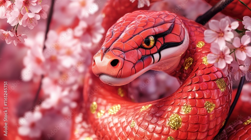 Poster a statue of a red snake curled around the trunk of a tree, perfect for use in fantasy or nature-insp