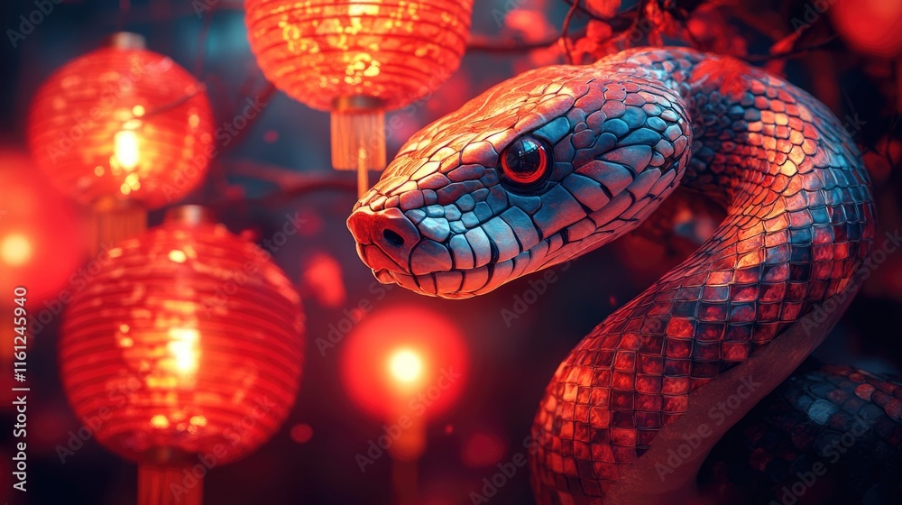Poster a close-up shot of a snake's head with red lanterns in the background, great for use in dark or myst