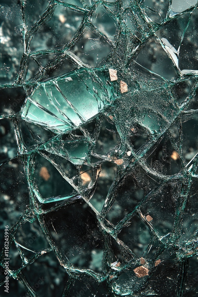 Aufkleber Close-up shot of a shattered glass window with sharp edges and fragments