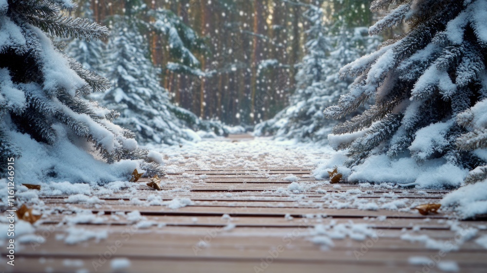 Poster winter forest path with snow-covered ground and trees in the background