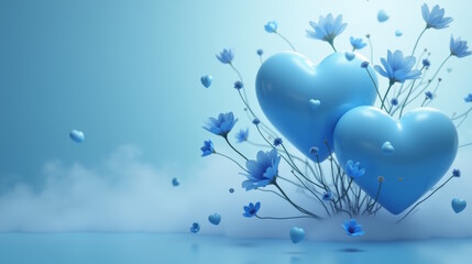 3d blue glossy hearts with flowers on soft blue cloudy background with space for text. Wallpaper, Valentine's day card, love, romance, heart shaped figures.