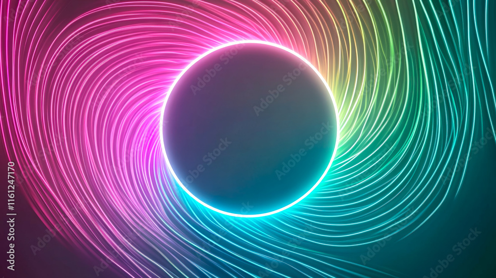 Poster Colorful wave patterns with glowing circular shape against a dark background showcasing modern art design