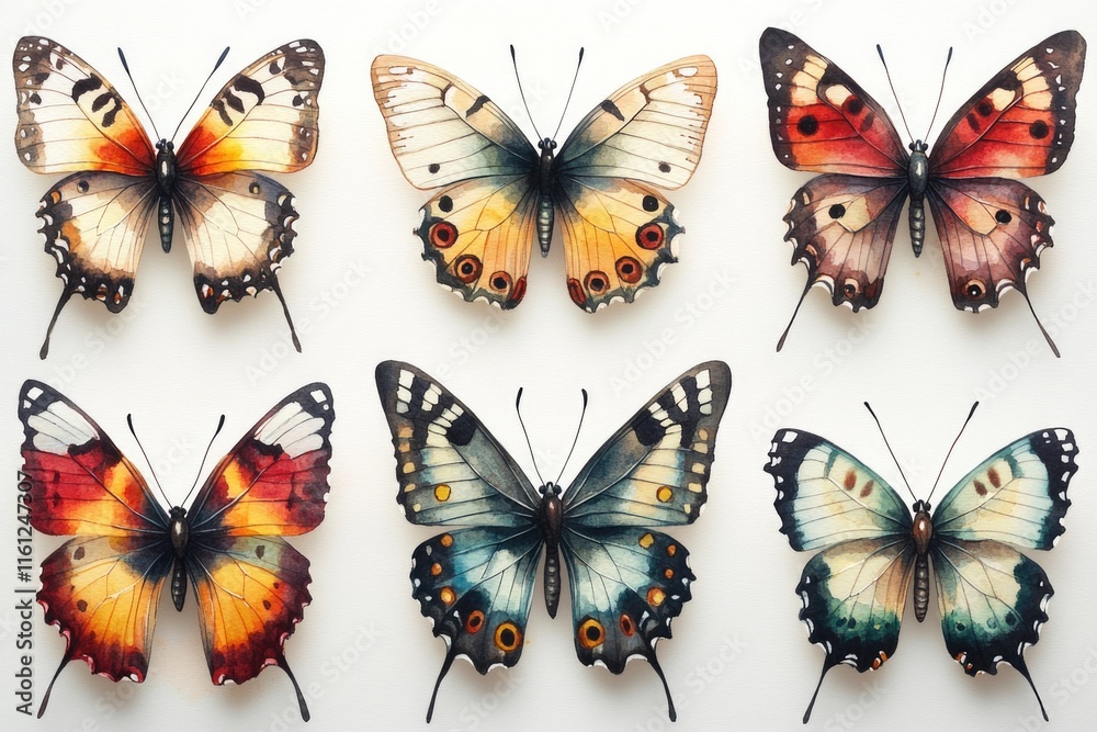 Poster a group of six butterflies with different colors perched on a white surface